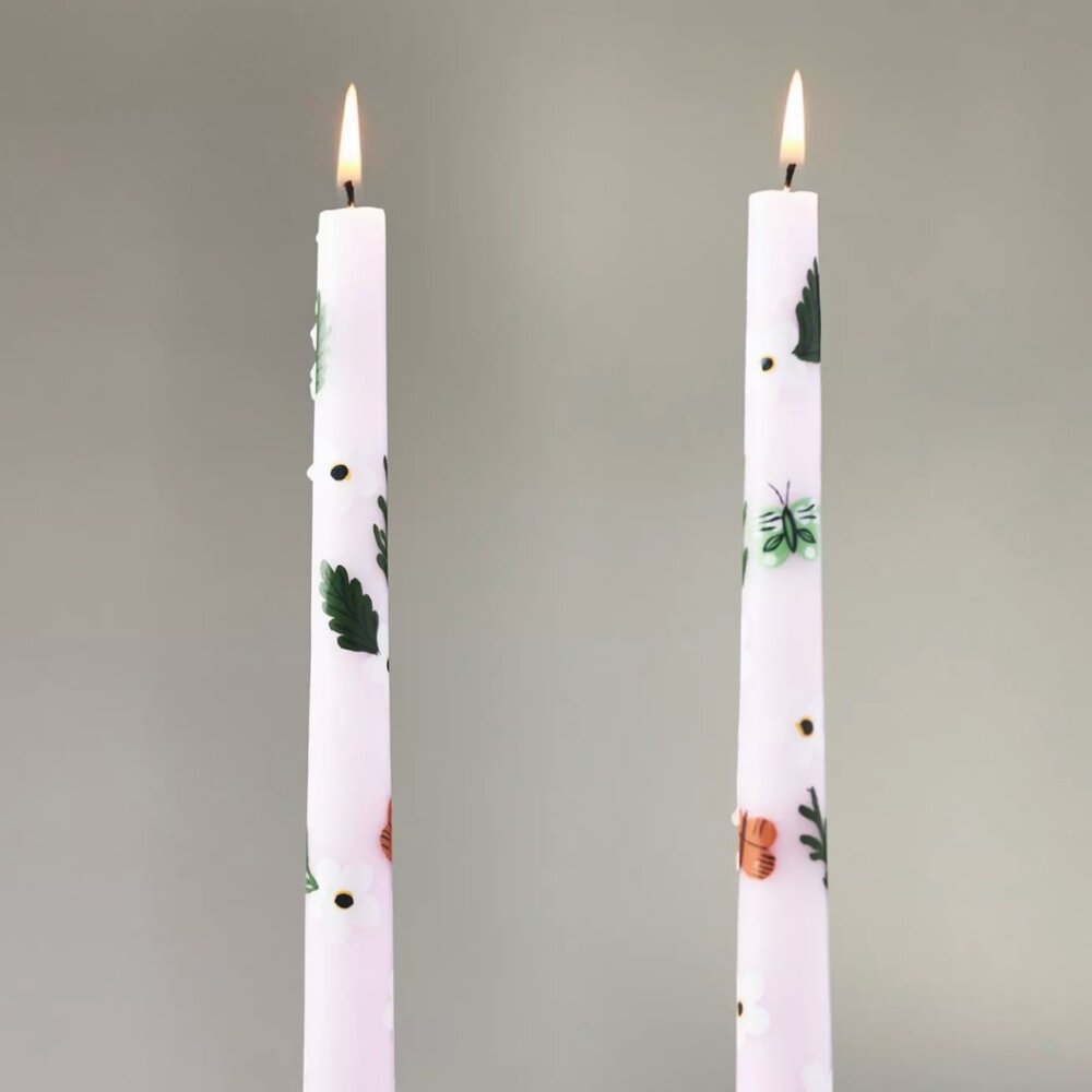Anthropologie Faye Handpainted Purple Lilac Flowers Taper Candles - Set of 2